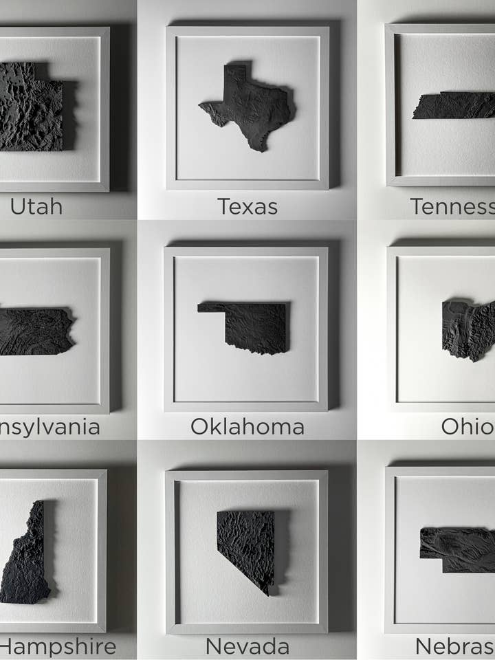 12x12 Cement 3D Topographical Map Wall Art – Framed US State for wholesale by Bespoke Objects