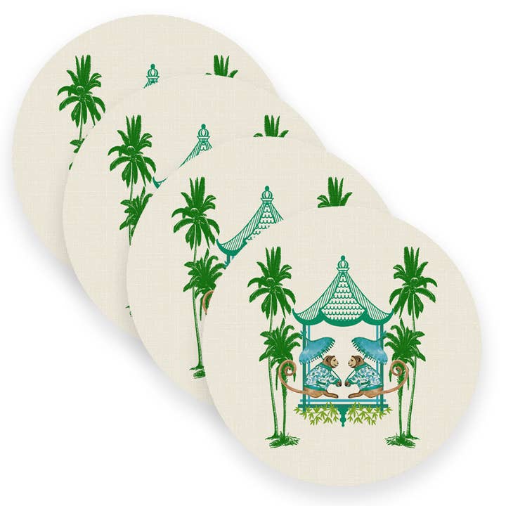 Marye-Kelley - Wholesale Placemat - Chic Monkey With Palms Aqua and Green Linen Placemats