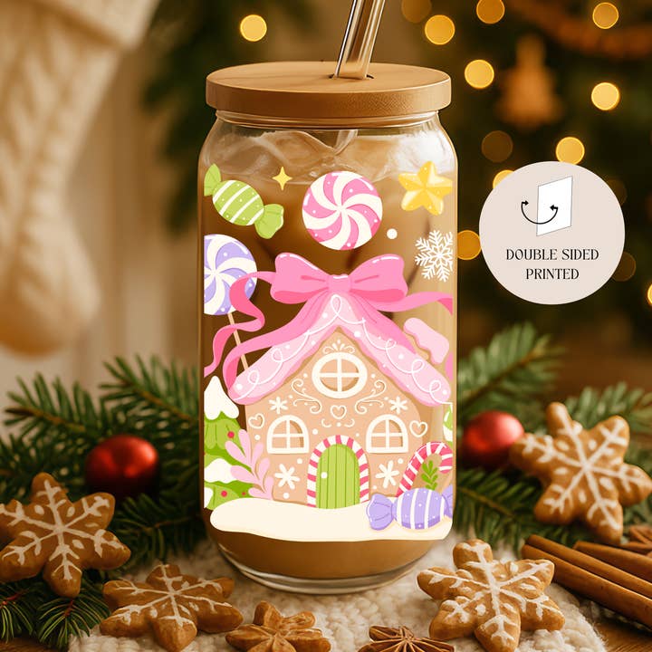 Chic Candy Christmas Double Side Glass Tumbler + Lid & Straw for wholesale by the cute cloud