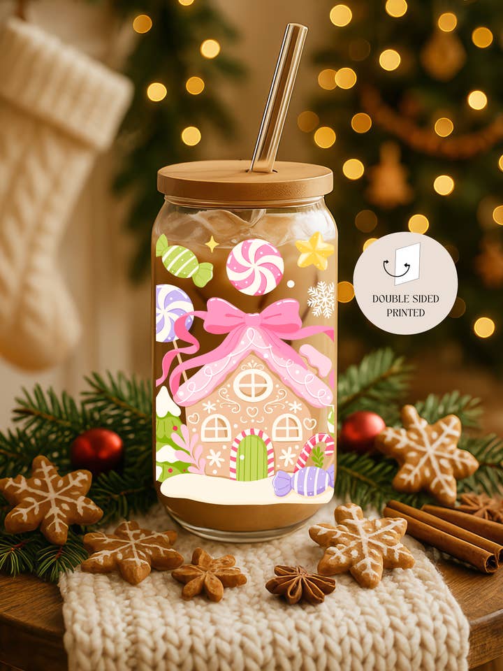 Chic Candy Christmas Double Side Glass Tumbler + Lid & Straw for wholesale by the cute cloud