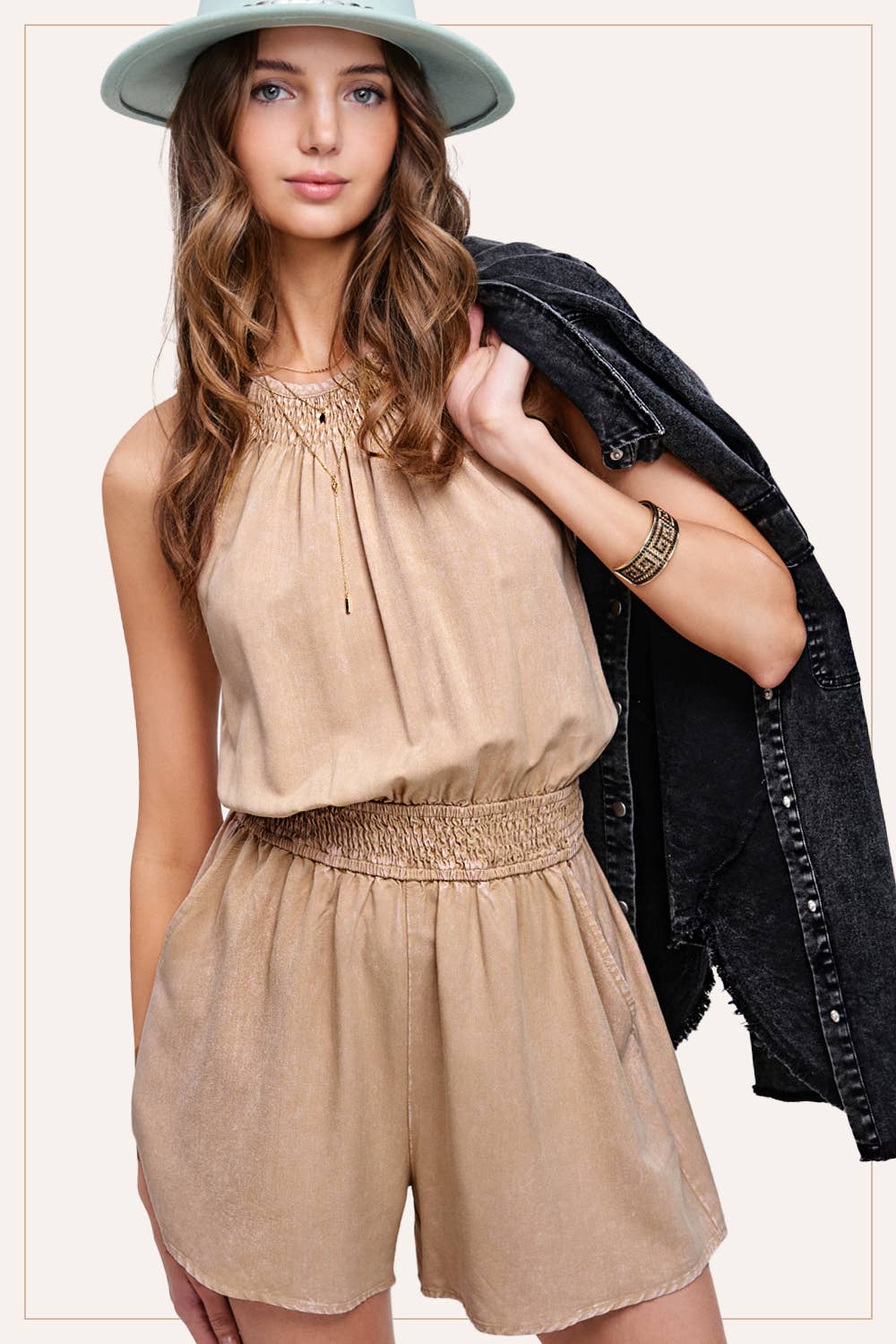 La Miel - Wholesale Romper - Women's - HCD9313-Mineral Washed Sleeveless Mini Romper with Pocket15