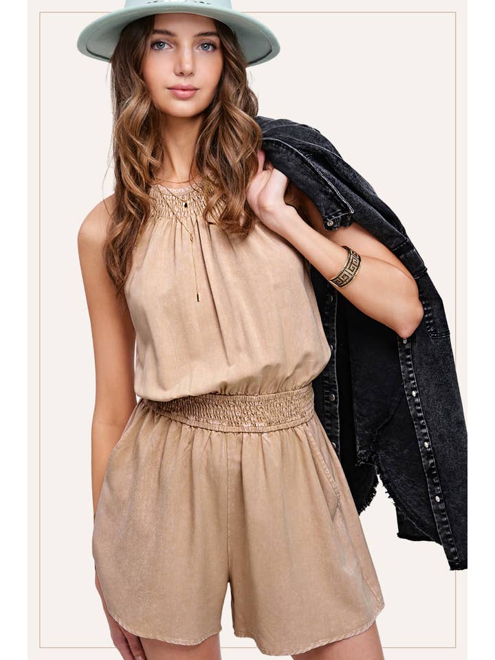 La Miel - Wholesale Romper - Women's - HCD9313-Mineral Washed Sleeveless Mini Romper with Pocket15