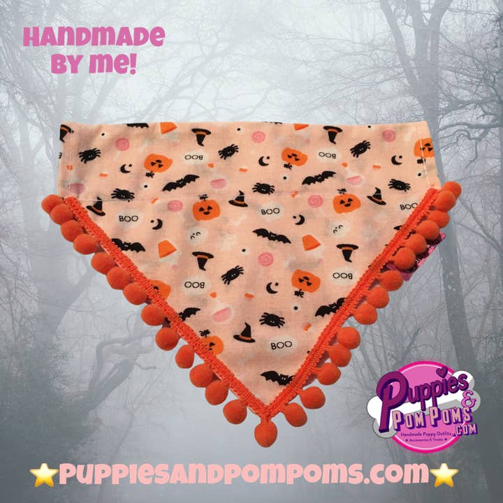 Puppies & Pom Poms - Wholesale Pet Bandana - Dog - Boo! Halloween Pumpkins and Creepy Critters PomPom Bandana13