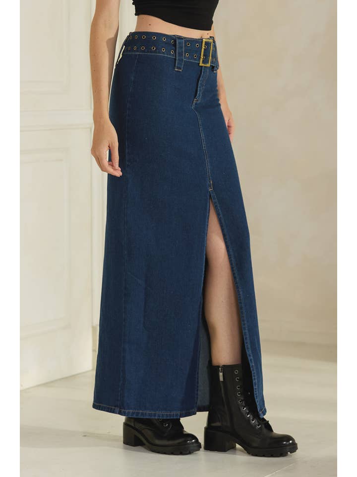 Denim MB1400- Jupe taille basse en jean à boucle sur le devant en vente sur Faire