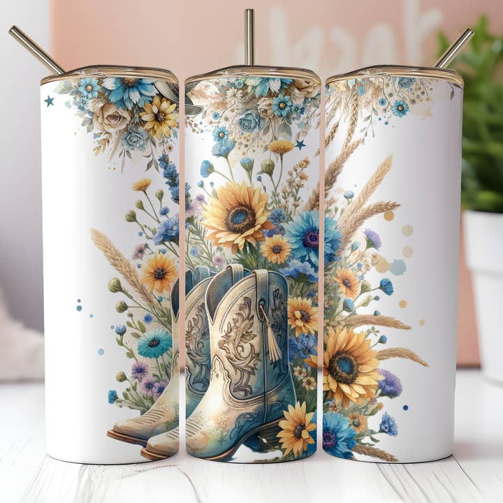 Yellow Blue Floral Boots Tumbler for wholesale by Beautiful Creations by Laney