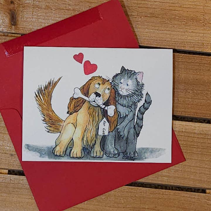 Biglietto di San Valentino — Amicizia Cane & Gatto | 4,25 x 5,5 pollici | Busta Rossa Inclusa per la vendita all'ingrosso da parte di Critterwit and Company