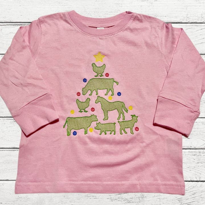 Girl’s Farm Animal Christmas Tree Embroidered Tee for wholesale by BLUE MAGNOLIA MONOGRAMS