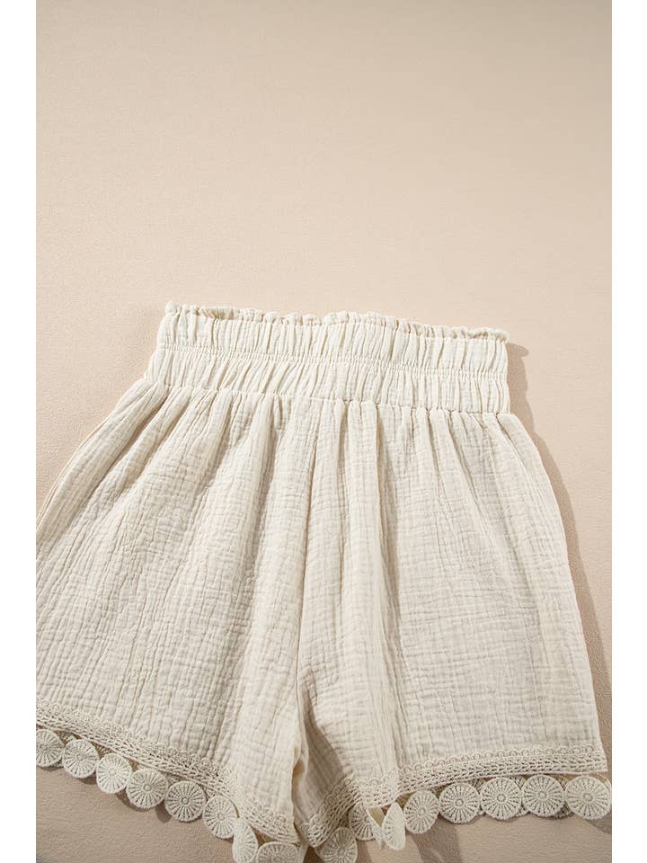 Apricot Textured Frilled Knotted High Waist Lace Hem Shorts for wholesale on Faire6