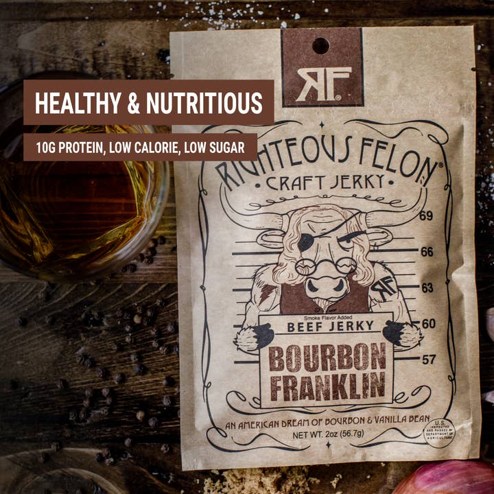 Righteous Felon Craft Jerky - Wholesale Jerky - Bourbon Franklin Beef Jerky 2oz4