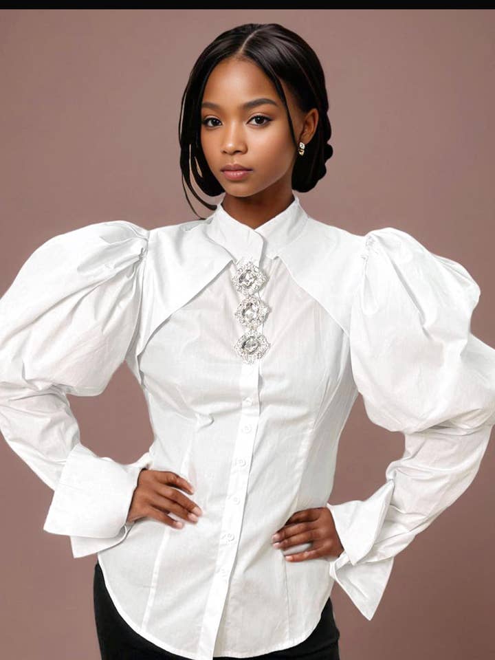 A94041 WHITE COTTON BUTTON DOWN PUFF SLEEVE BLOUSE for wholesale on Faire