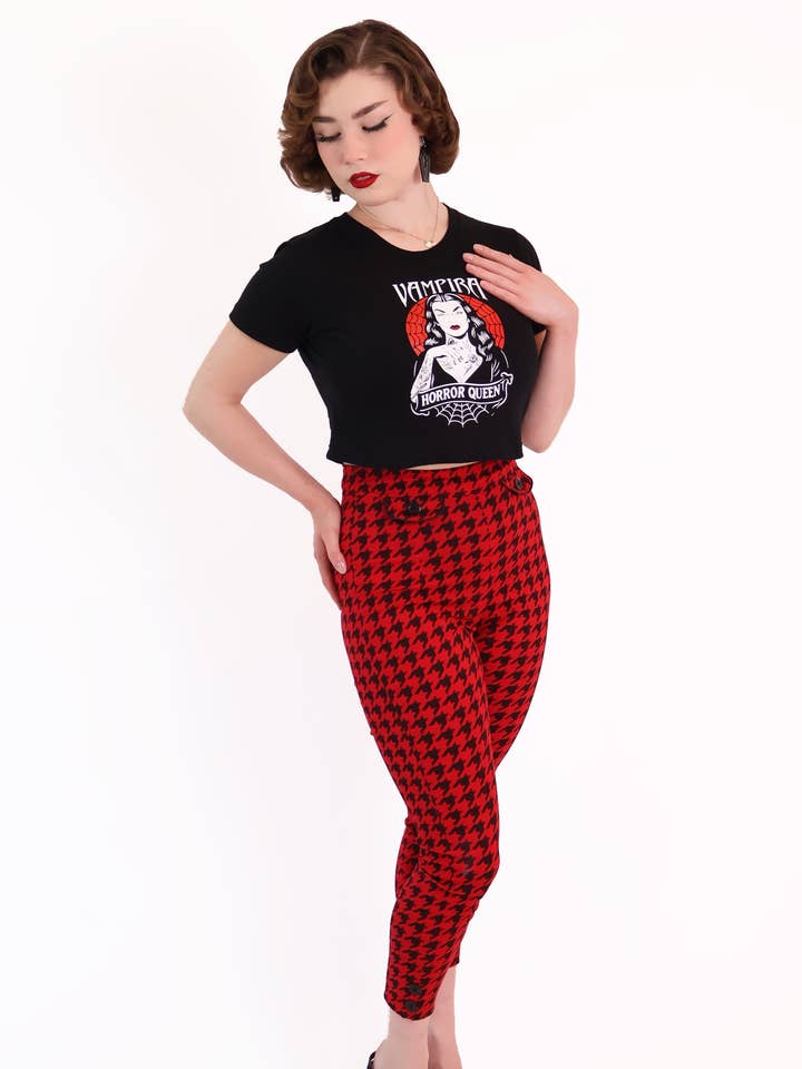 Red Houndstooth Capri Pants for wholesale by BONSAI KITTEN