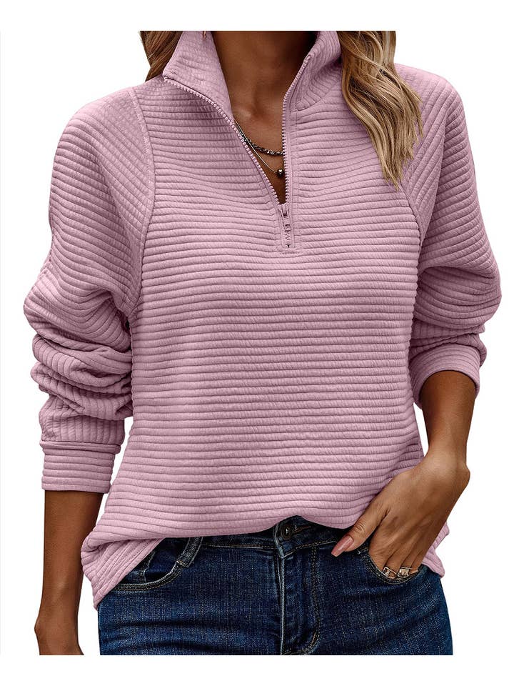 HIDDENBRAND - Wholesale Sweatshirt - Women's - Solid loose texture zip neck sweatshirt10