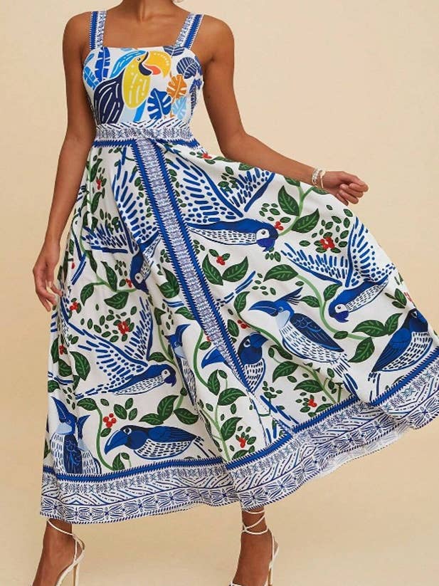 Boho Tropical Birdie Blue floral print strappy flare dress for wholesale on Faire
