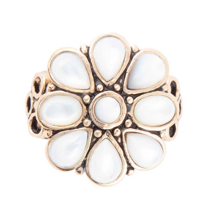 Barse Jewelry - Wholesale Cocktail/Statement Ring - White Hibiscus Mother of Pearl and Golden Ring