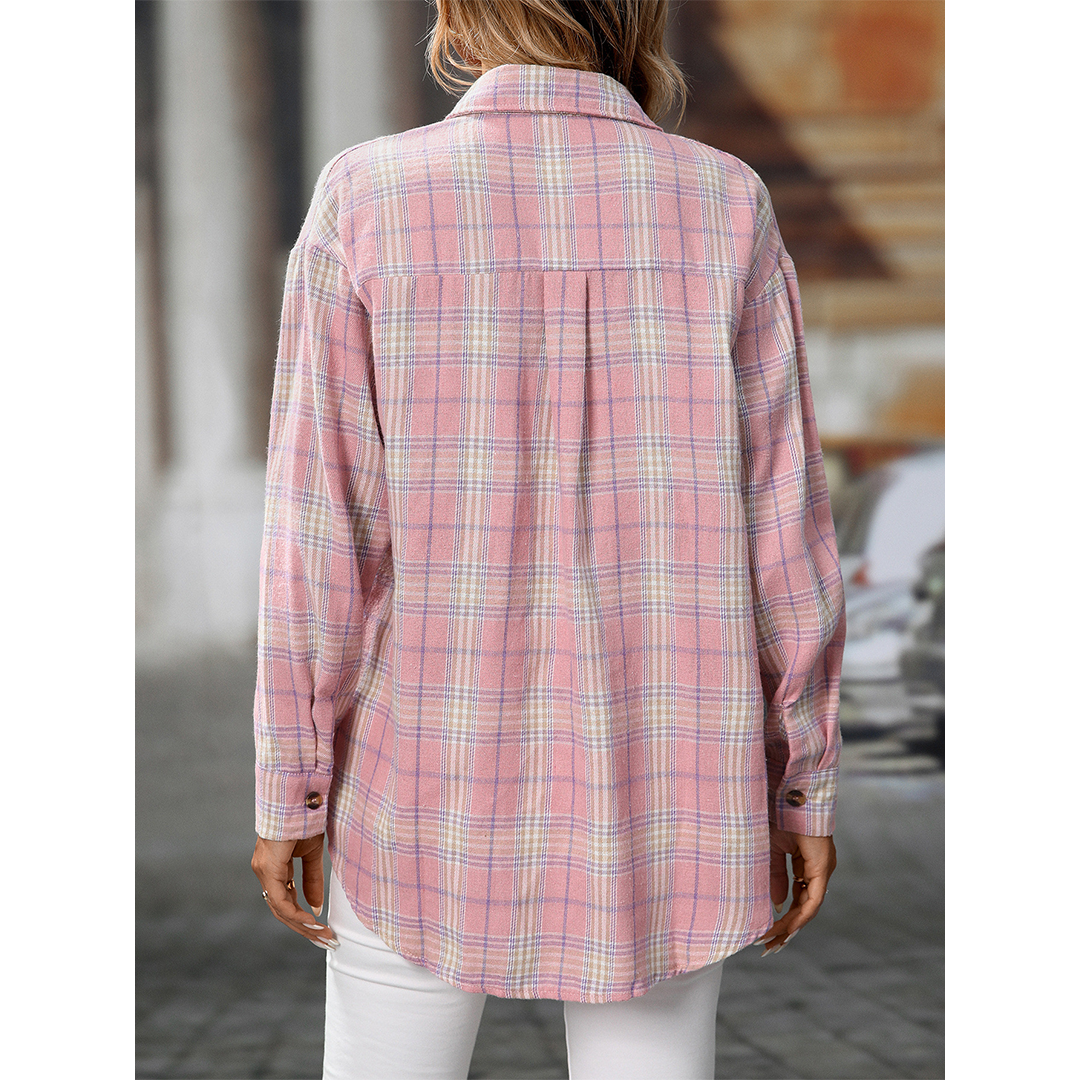 UNISHE - Wholesale Shirt - Women's - Casual Loose Fit Plaid Pockets Button-Down Shirt MD21335