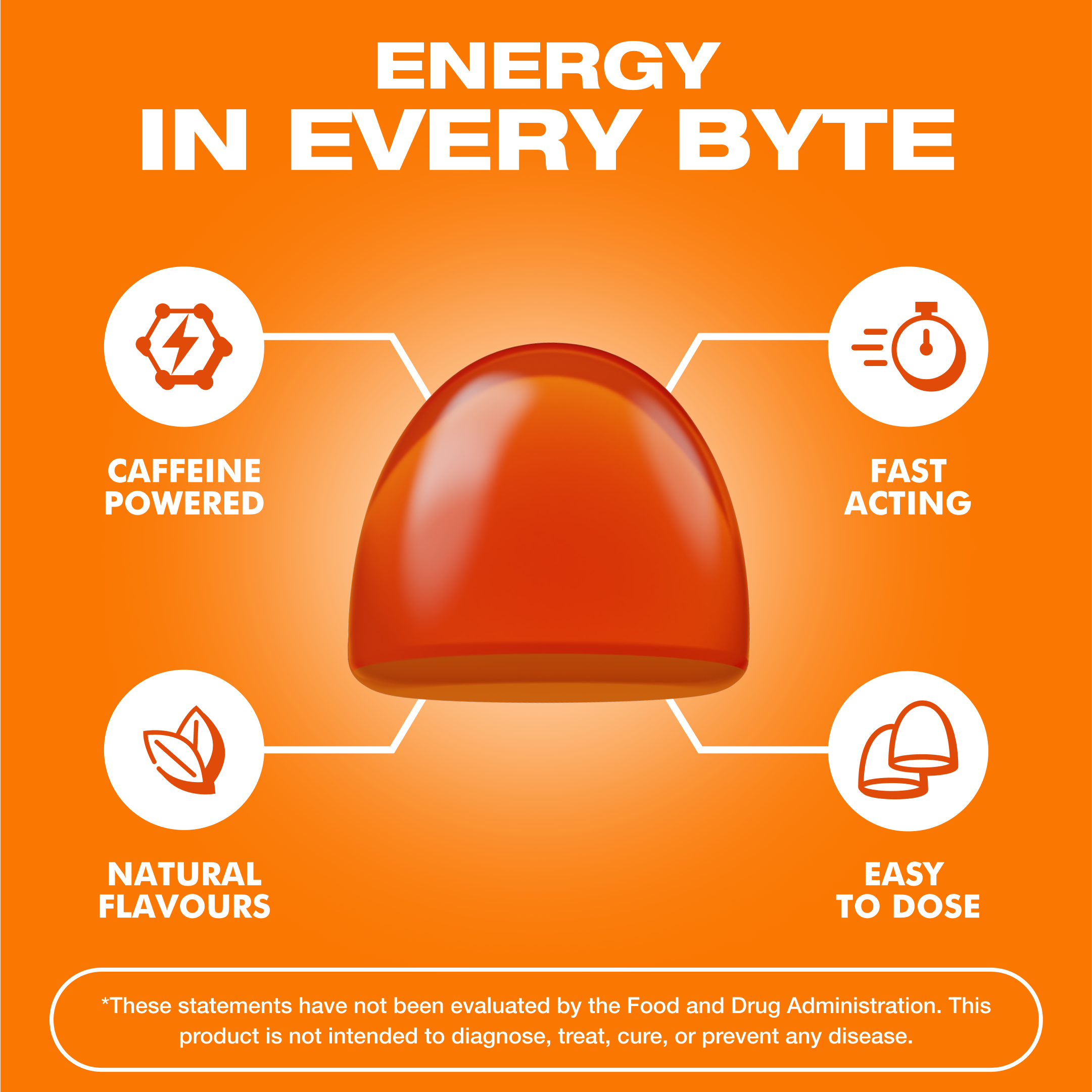 Energy Bytes – Suplemento/vitamina oral por atacado – Gomas de Cafeína Energy Bytes | Orange Crush | Pacote com 14