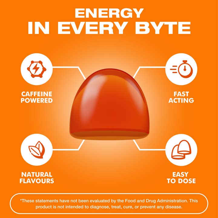 Energy Bytes – Suplemento/vitamina oral por atacado – Gomas de Cafeína Energy Bytes | Orange Crush | Pacote com 14