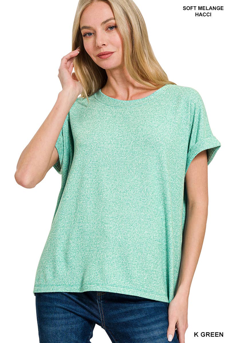 42POPS - Wholesale Knit Top - Women's - `.Soft Melange Folded Sleeve Round Neck Top6