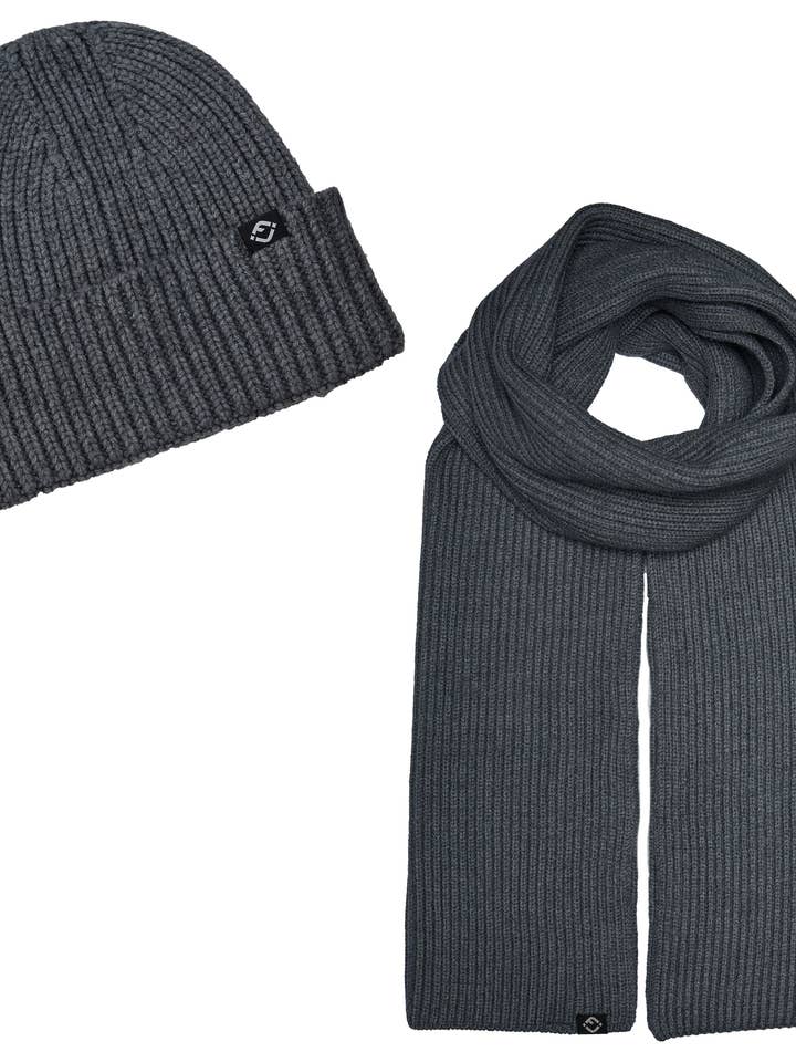 Ribbed Knit Matching Beanie & Scarf Bundle - Charcoal for wholesale by Funky Junque