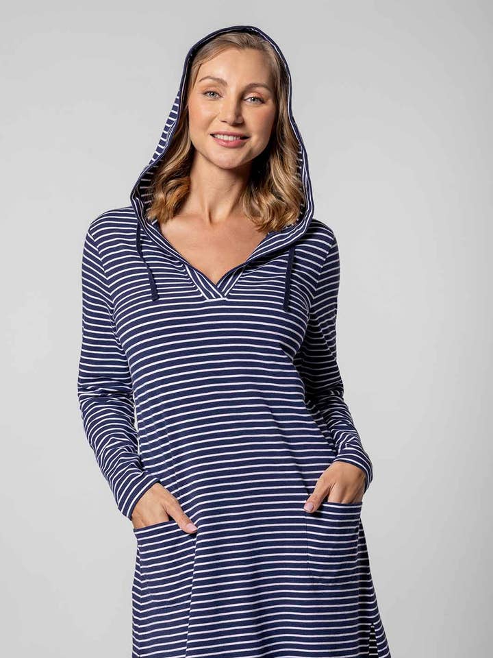 Hoodie Cover-Up Dress with Pockets | Navy/White Stripe for wholesale by Coolibar