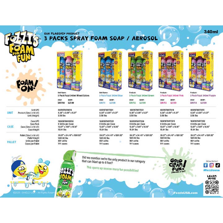 Fozzi’s Foam Spray - Wholesale Bubble Bath - 3-Pack Mixed Colors3