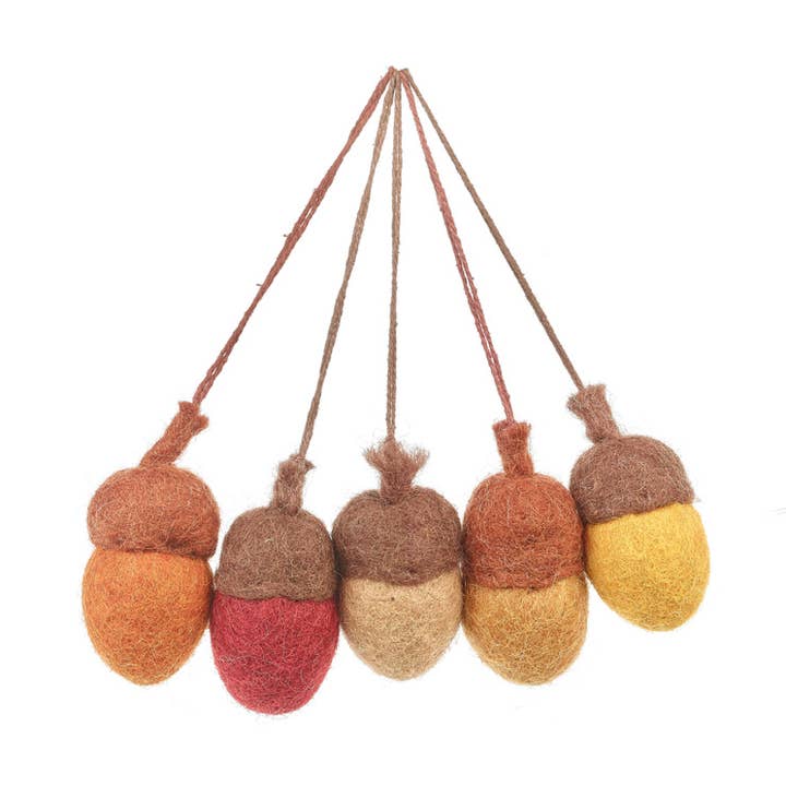Handmade Felt Autumnal Acorns Set of 5 Hanging Decorations for wholesale by Felt So Good