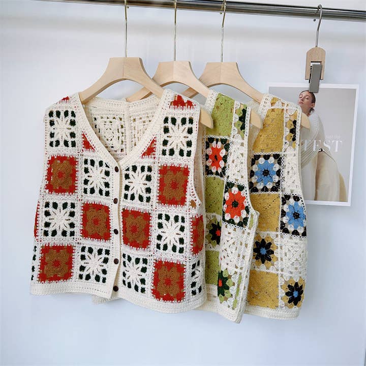 Funkyrel® Atzbranding Limited - Vente Veste sans manches – femme - Gilet ample en crochet ajouré bicolore3