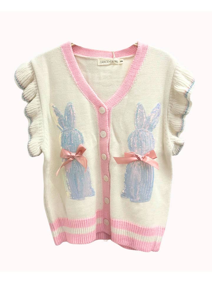 Ivory Sweater Vest with Sequin Bunnies for wholesale on Faire8