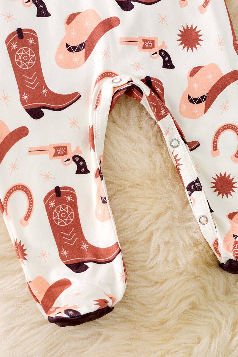 Kids Charm Online - Wholesale Jumpsuit - Baby - Brown and ivory boot printed baby bodysuit w/snapps. (WESTERN)  RPB50423 JEAN2