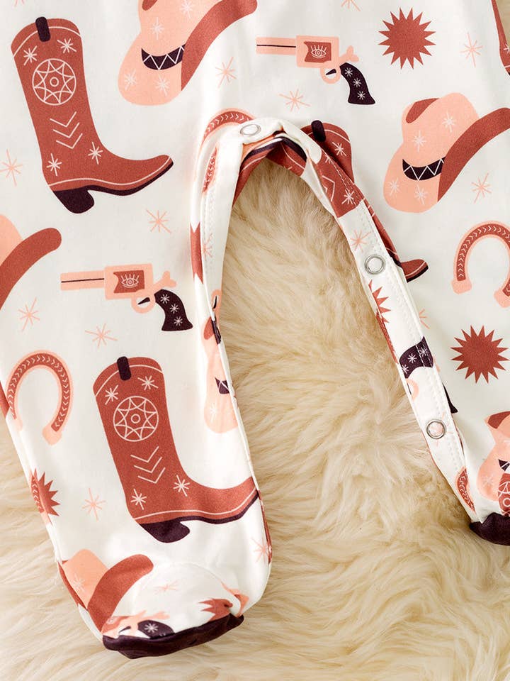 Kids Charm Online - Wholesale Jumpsuit - Baby - Brown and ivory boot printed baby bodysuit w/snapps. (WESTERN) RPB50423 JEAN2