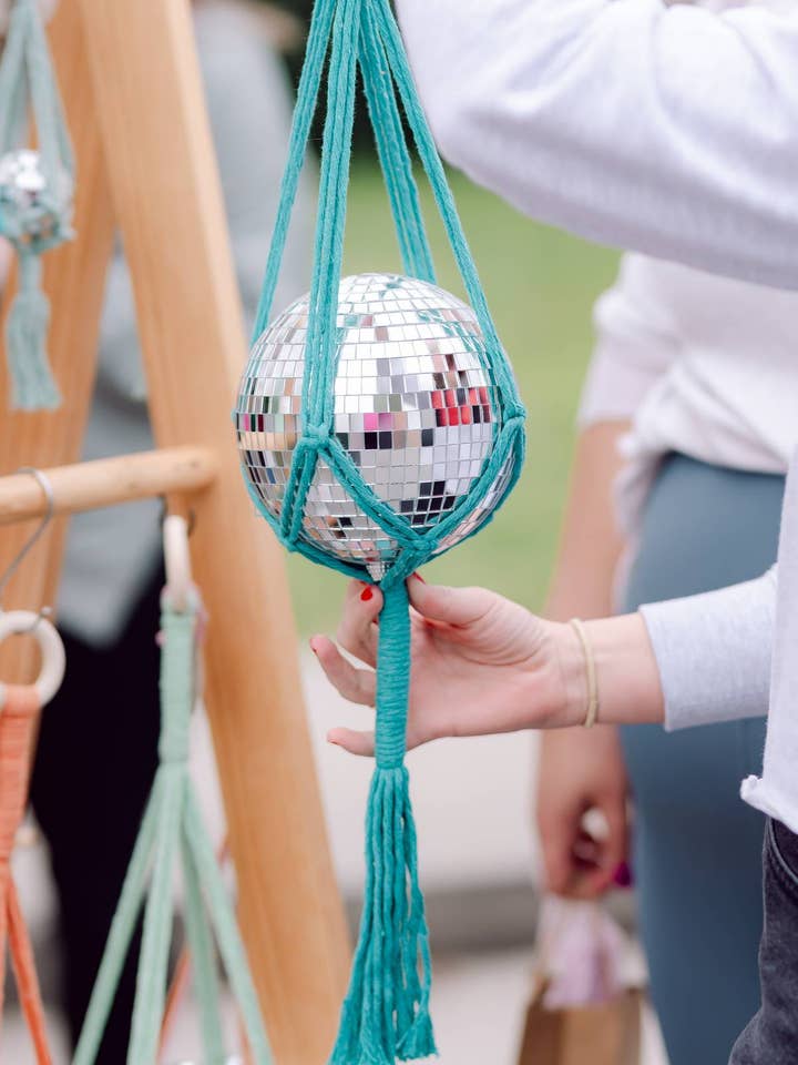 Macrame Disco Ball Hanger - choice of color for wholesale by Rosie the Wanderer, Handmade Macramé