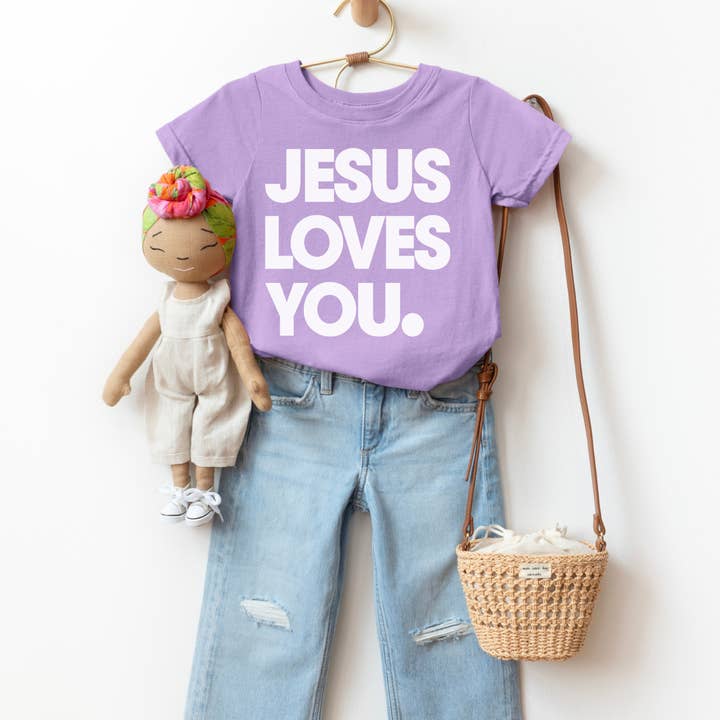 Lavender Jesus Loves You Youth Faith Graphic Tee for wholesale by J. Mack Designs