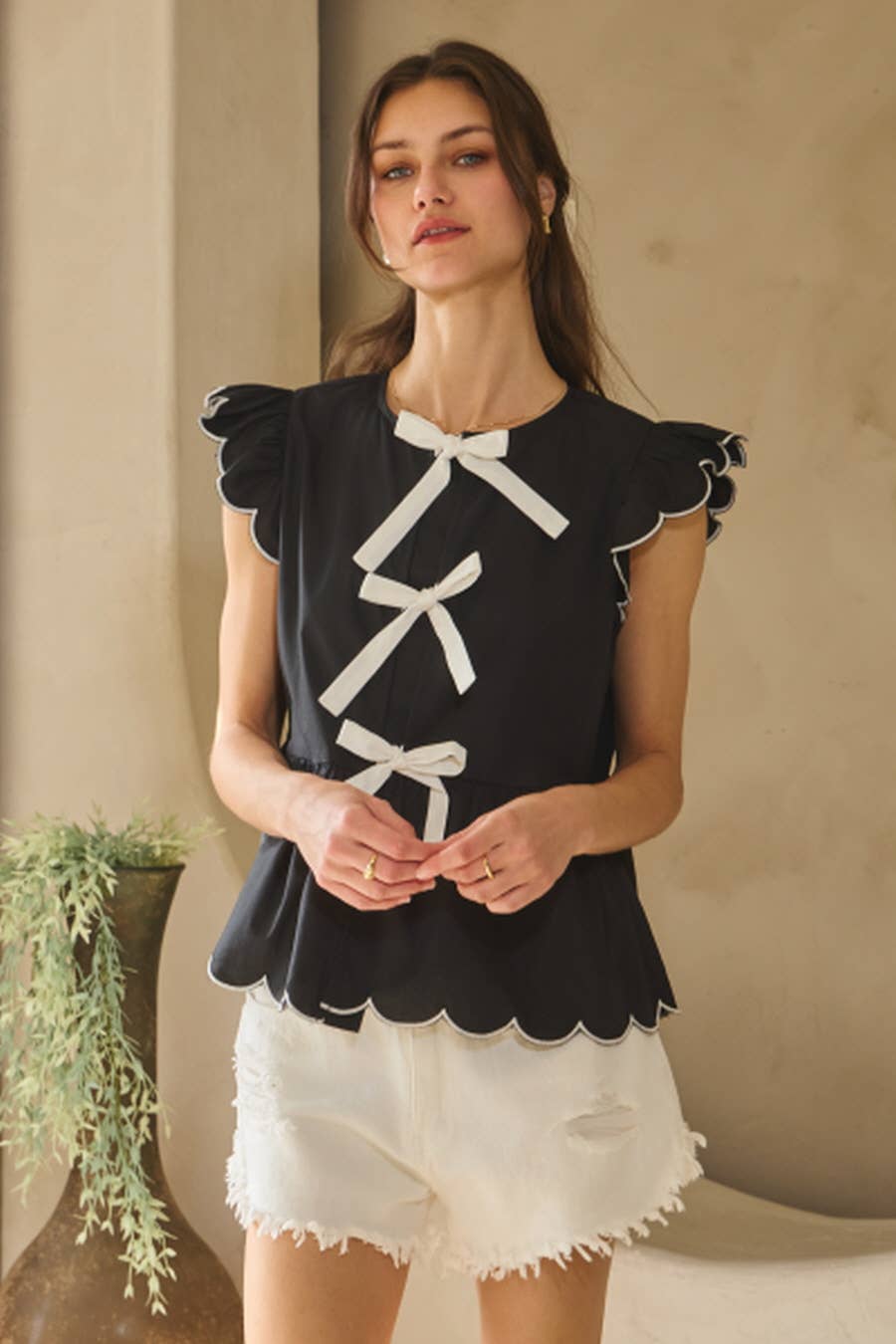 Oddi - Vendita all'ingrosso Camicetta - Donna - Top peplo in popeline solido con fiocco frontale3