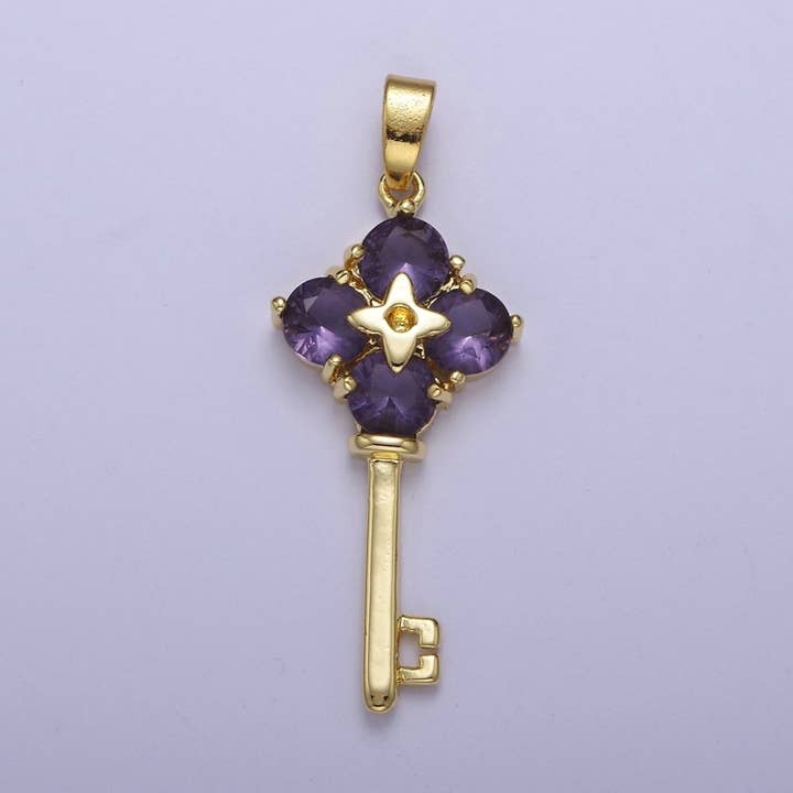 Gouden Paarse CZ Bloem Sleutel Hanger J-528 voor wholesale door Aim Eternal
