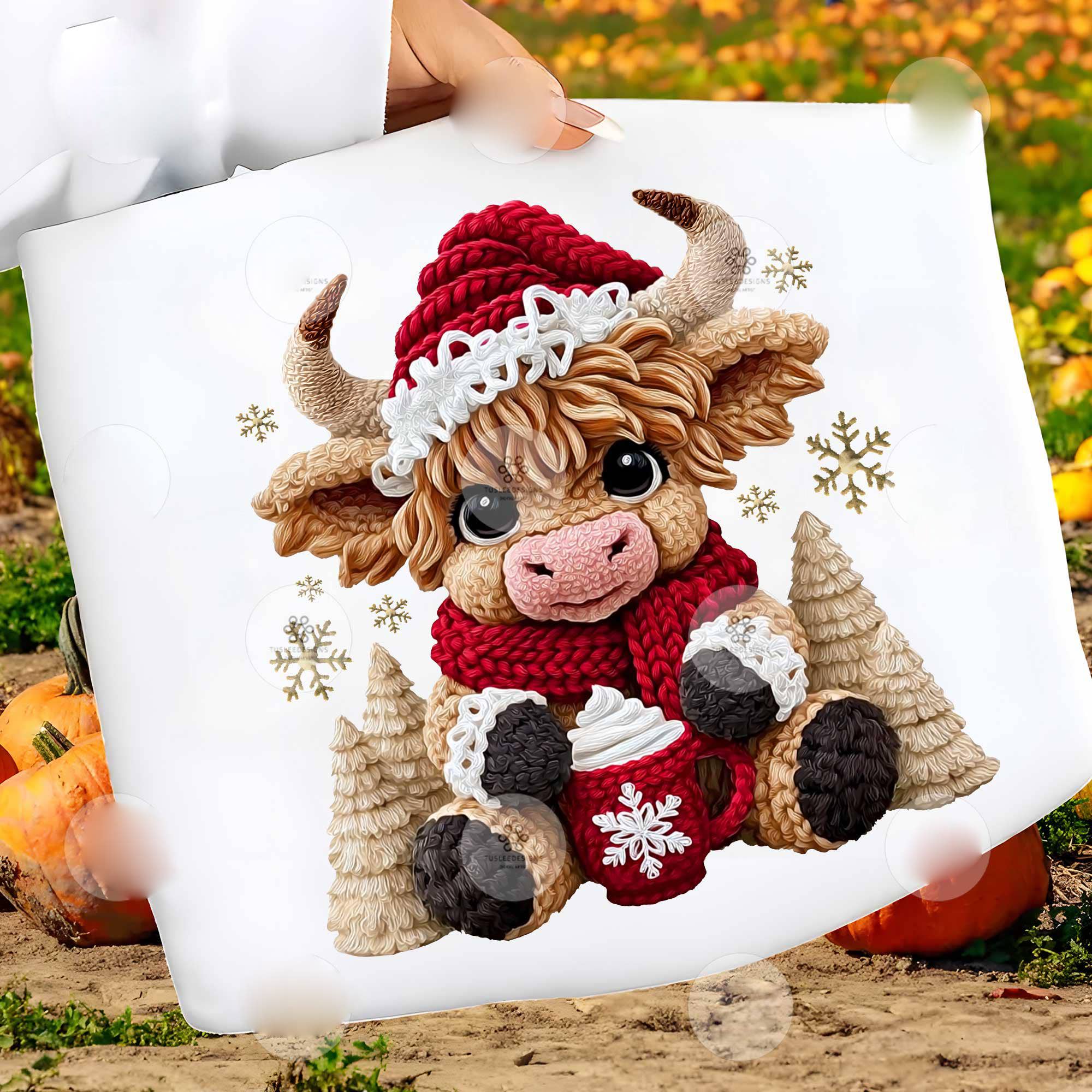 NVC Ecommerce LLC - Wholesale T-shirt met print - Dames - Faux gehaakte garen Highland Cow kerstshirt, herfstkoe1