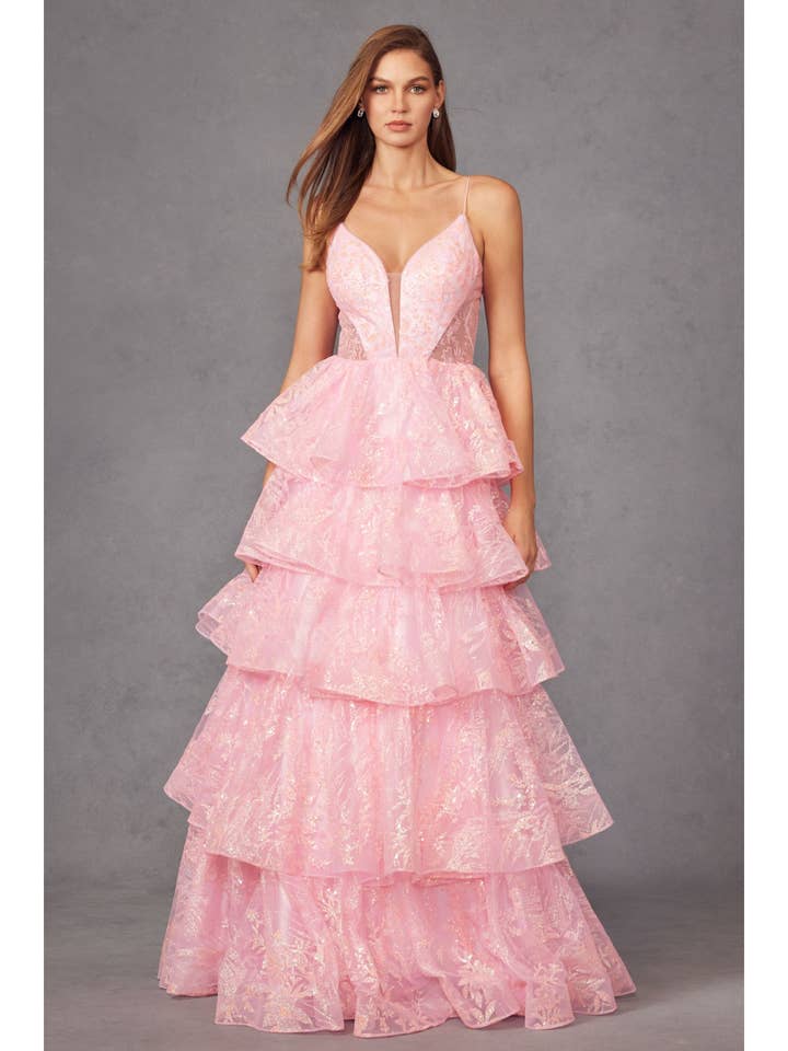 SPARKLE TULLE RUFFLE BALLGOWN WITH V-NECKLINE PROM DRESS JT for wholesale by Juliet