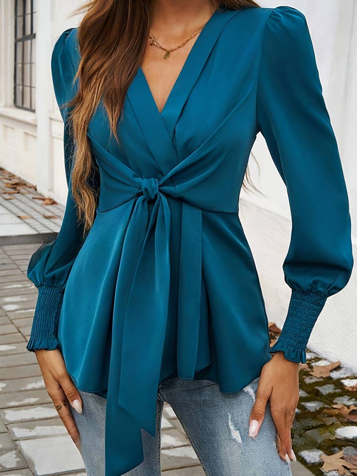 Navy Retro deep V cross-strap waist shirt for wholesale on Faire2