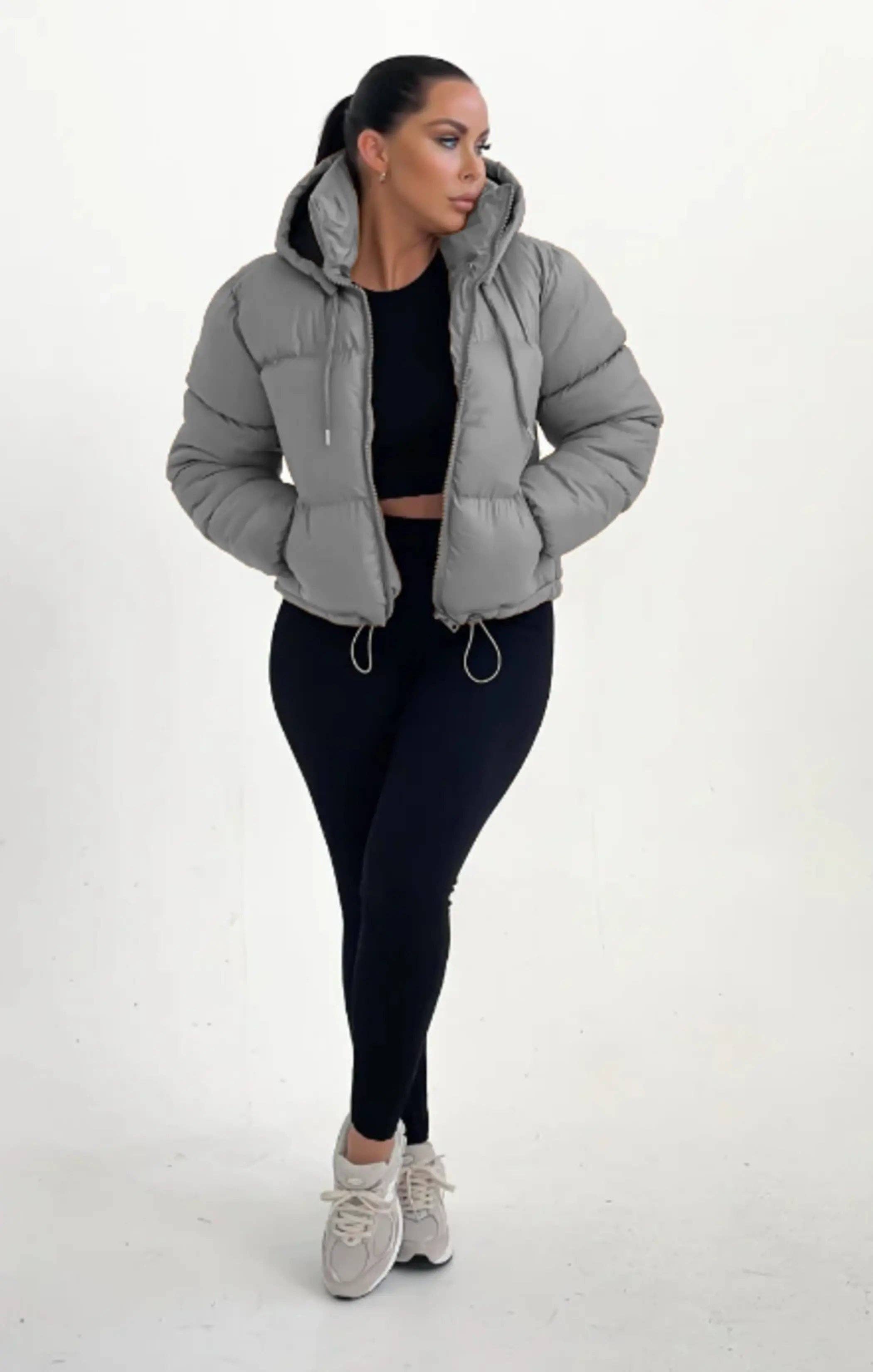 Grey Hooded Drawstring Cropped Puffer Jacket - Stacey for wholesale on Faire0