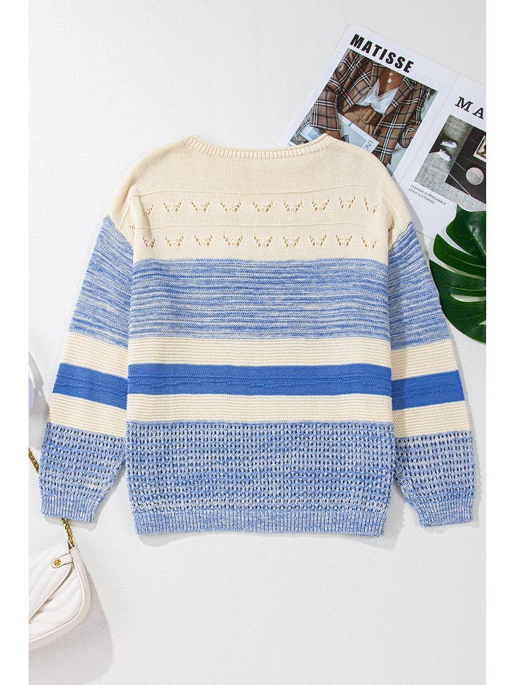 Light Blue Stripe 3/4 Puff Sleeve Sweater for wholesale on Faire