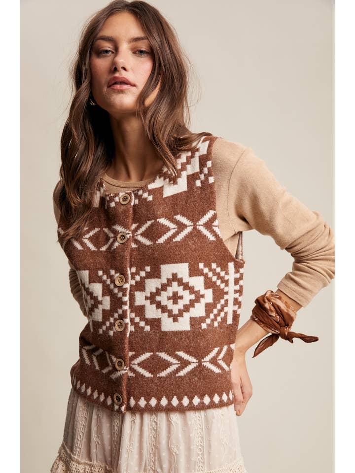 Listicle - Wholesale Sweater Vest - Women's - Southwestern Button-Up Vest LSW097726