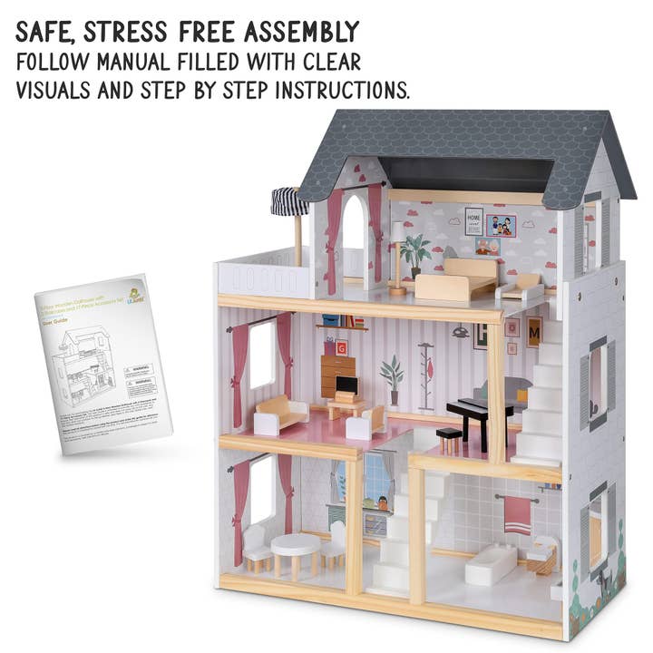 Jumbl - Wholesale Doll Accessory Kit - Kids - 3-Story Wooden Doll House Set W/Elevator, Balcony & Stairs4