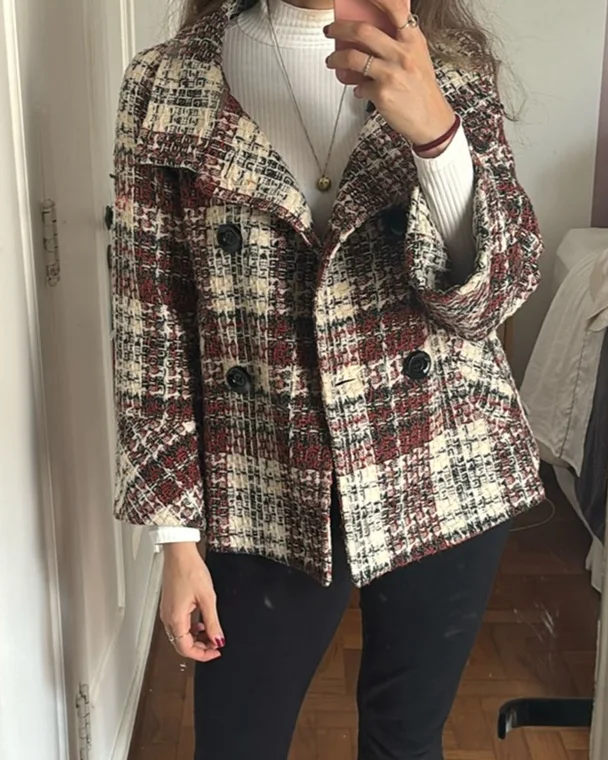 Checkered Retro Plaid Check Stand Collar Button Jacket for wholesale on Faire0