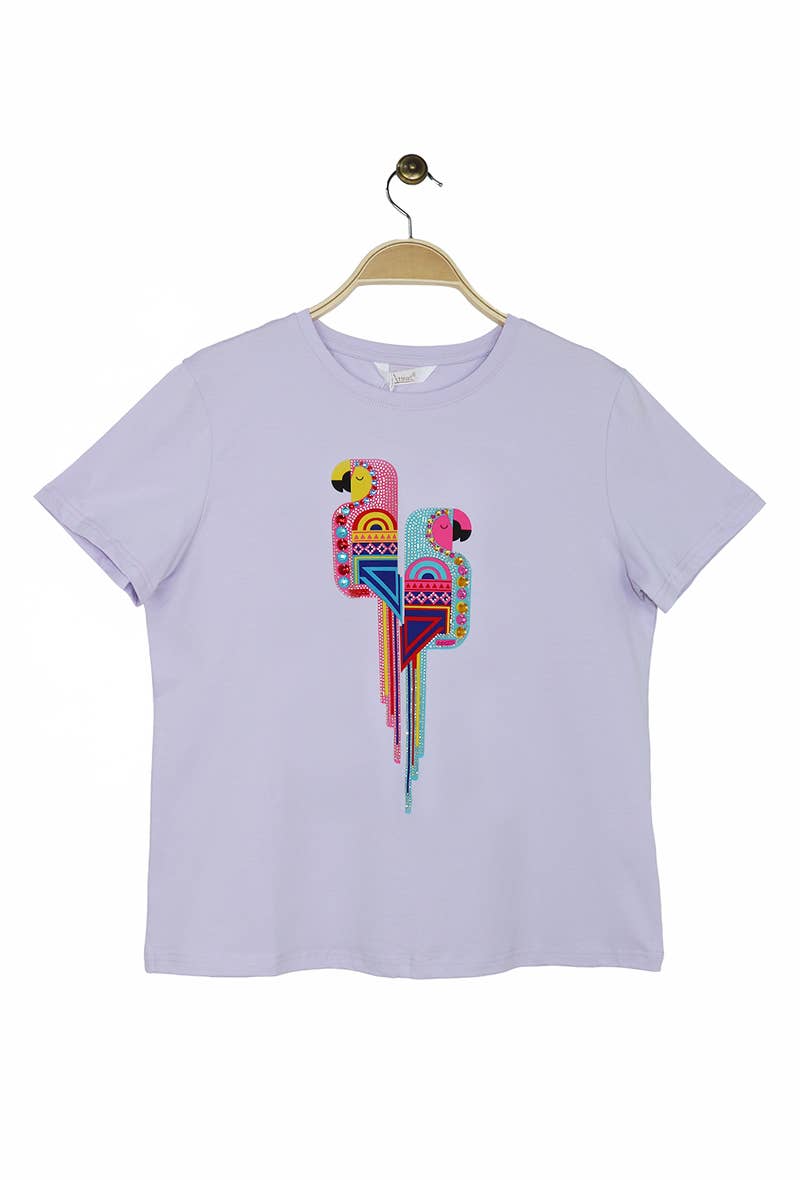 Attrait Paris - Vendita all'ingrosso Maglietta serigrafata - Donna - T-shirt in cotone con stampa grafica di pappagalli colorati4