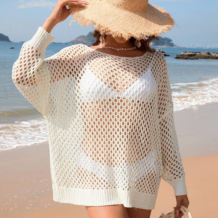 White Mesh Cut-Out Bikini Cover-Up Beach Swimsuit Cover-Up for wholesale on Faire