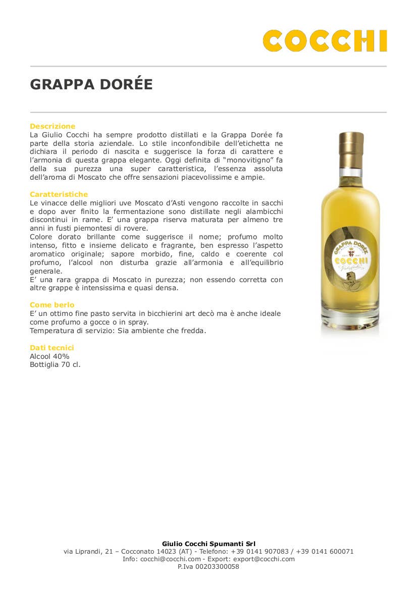 Metina SAS – Großhandel Brandy/Cognac – Dorée Grappa von Moscato Cocchi 70 cl4