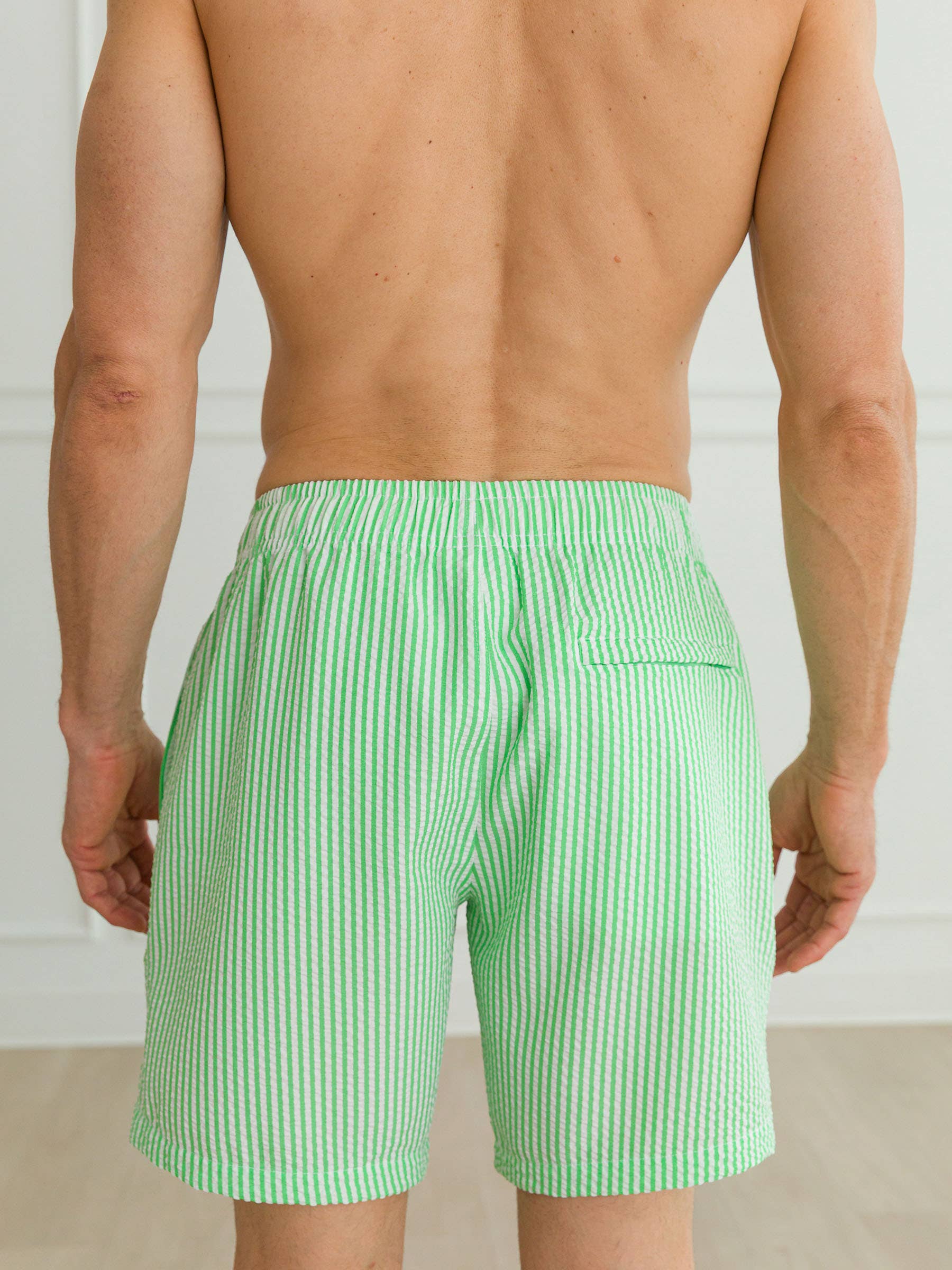 Men's Spring Green Seersucker Swim Trunks for wholesale on Faire2