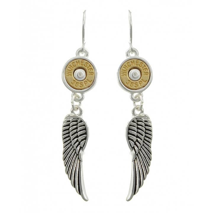 0011 PREMIERE - Wholesale Dangle Earrings - FR2241 Matte Gold Winchester Angel Wing Bullet Earrings