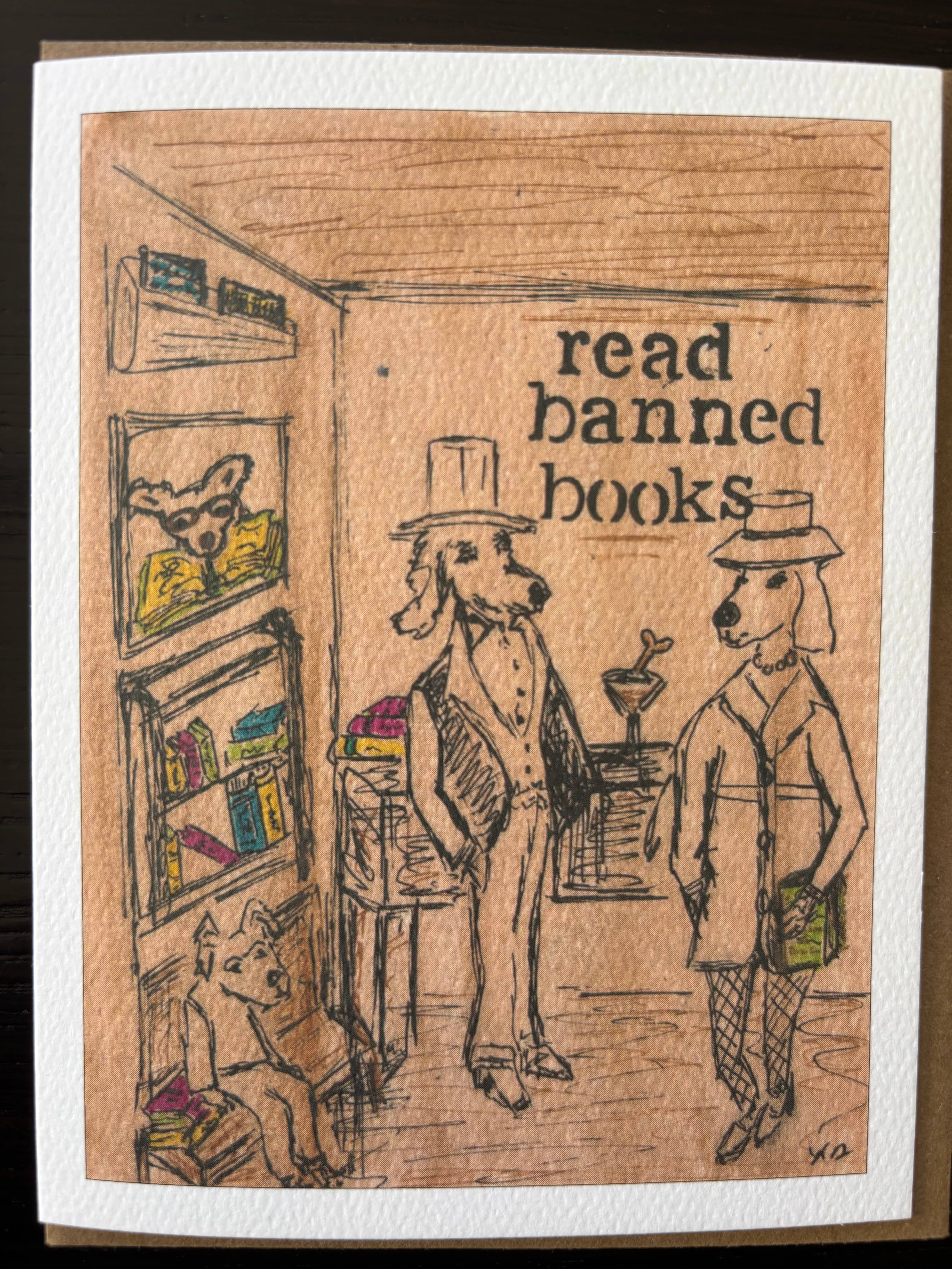 Bernie Street Studios - Wholesale Everyday Greeting Card - Read Banned Books illustrated library bar dog card 1