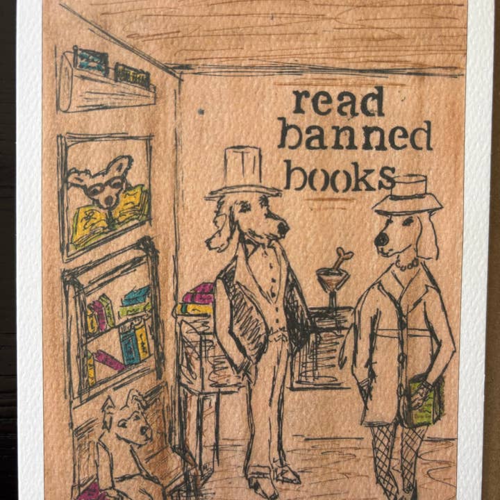 Bernie Street Studios - Wholesale Everyday Greeting Card - Read Banned Books illustrated library bar dog card 1