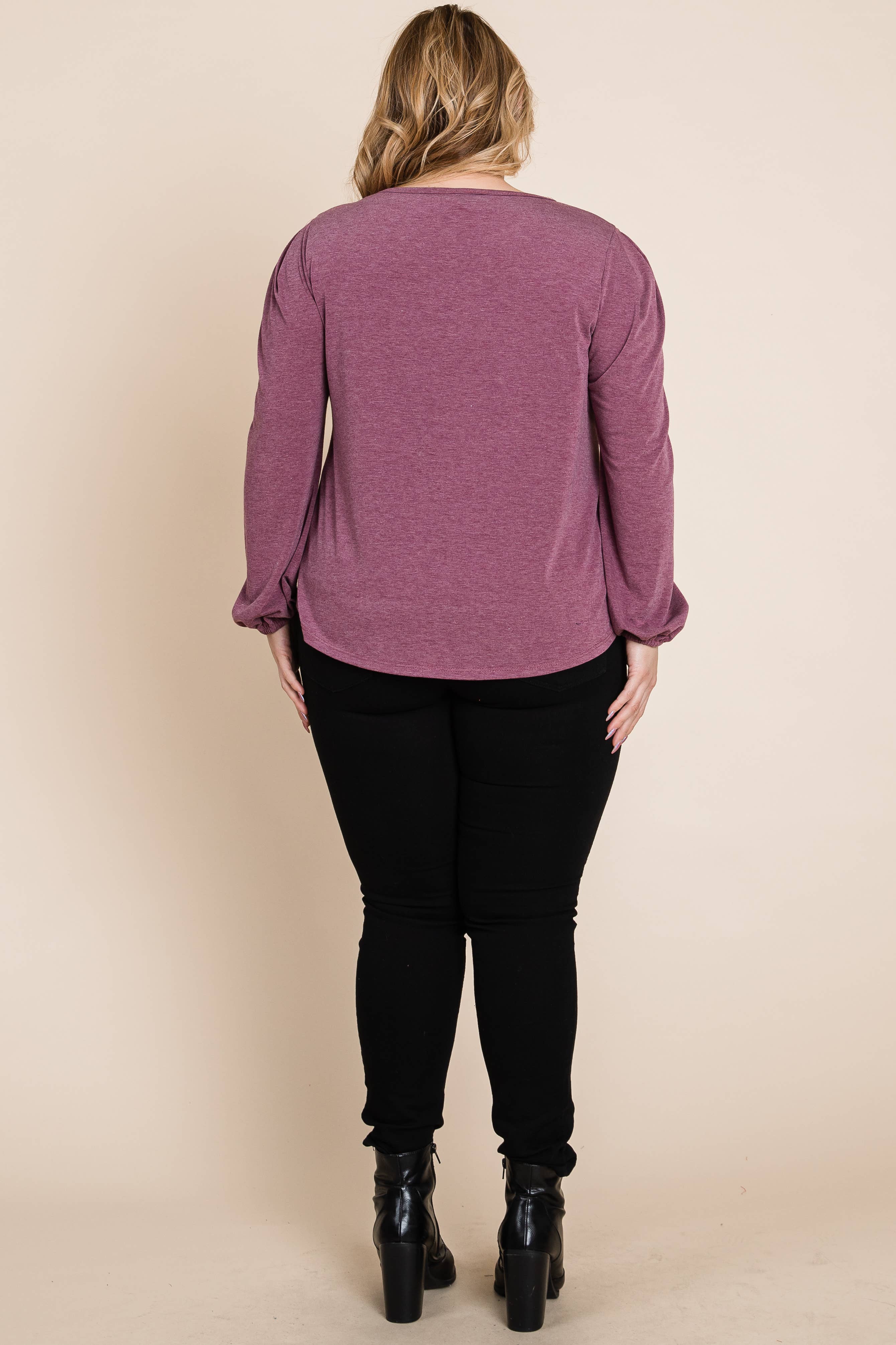 Burgundy ETK-8883-PL Plus Size Solid TR Spandex Long Sleeve Top for wholesale on Faire5